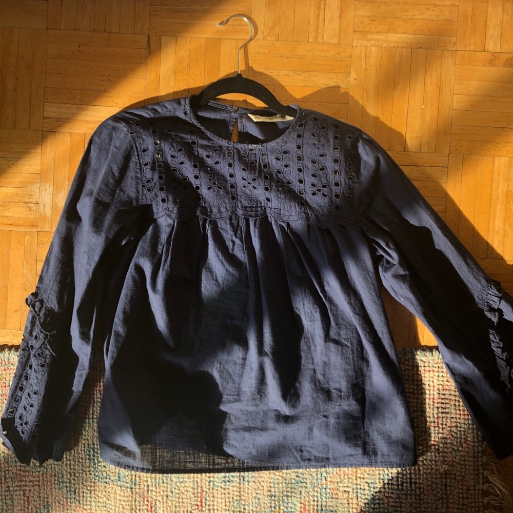 Navy Zara Eyelet Long Sleeve Top